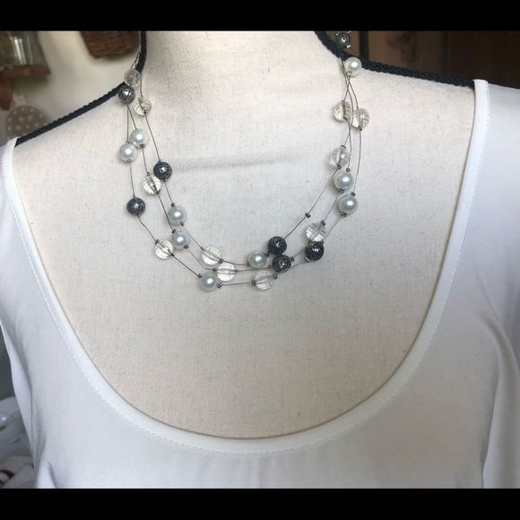 Floating beads on wire clear, gray, white, 16 1/2 in. necklace - Picture 7 of 11